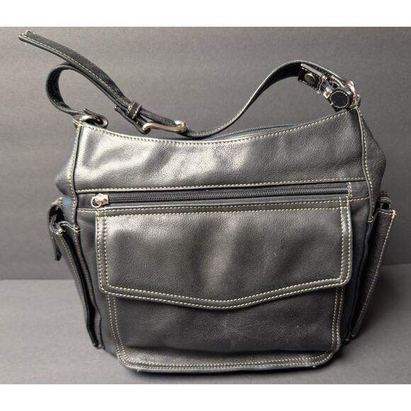 Vtg Fossil Black Pebble Leather Bag WOMENS MEDIUM SHOULDER PURSE Organizer READ - Picture 1 of 16